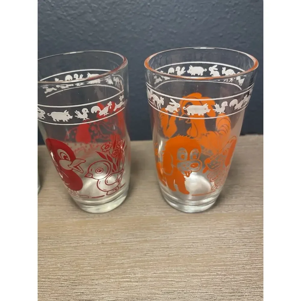 1956 Kraft Swanky Swigs Kiddie Kups Set 6 Hazel Atlas Animal Juice Glasses